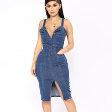 Load image into Gallery viewer, Sexy Spaghetti Strap Split Denim Dress
