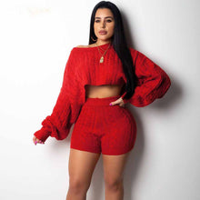 Load image into Gallery viewer, 2 Two Piece Set Women Clothes Autumn Winter Outfits Long Sleeve Knit Sweater Tops+Bodycon Shorts Suit Sexy Matching Sets
