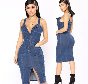 Sexy Spaghetti Strap Split Denim Dress