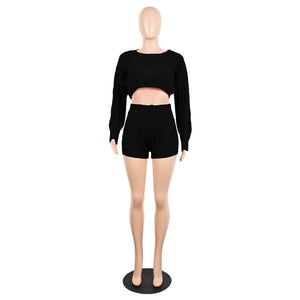 2 Two Piece Set Women Clothes Autumn Winter Outfits Long Sleeve Knit Sweater Tops+Bodycon Shorts Suit Sexy Matching Sets