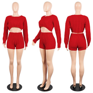 2 Two Piece Set Women Clothes Autumn Winter Outfits Long Sleeve Knit Sweater Tops+Bodycon Shorts Suit Sexy Matching Sets