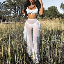 Load image into Gallery viewer, Transparent bikini High waist cover up pants Mesh swimwear women 2019 Sexy Ruffle swimsuit female Long Trousers Gossamer pants
