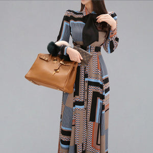 2020 European Autumn women's geometric stripes catwalk fashion printed slim dress