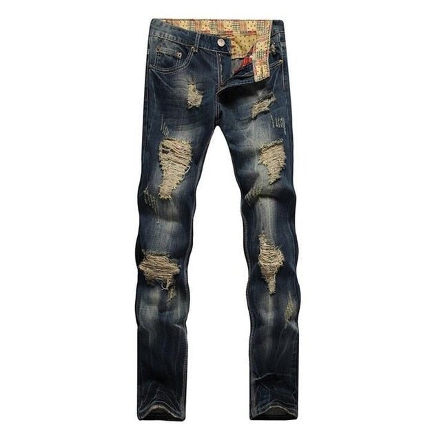 Straight Destroyed Jeans Slim Casual Ripped Jeans Retro Men's Denim High Quality Cotton