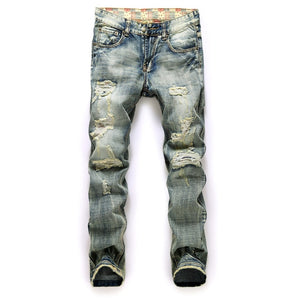 Straight Destroyed Jeans Slim Casual Ripped Jeans Retro Men's Denim High Quality Cotton