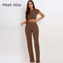 Load image into Gallery viewer, 2 Two Piece Set Women Ribbed O Neck Crop Top and Long Pants Set Sexy Autumn Short Sleeve Tracksuit Women Conjunto Feminino 2020
