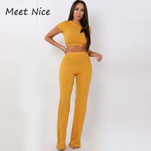 Load image into Gallery viewer, 2 Two Piece Set Women Ribbed O Neck Crop Top and Long Pants Set Sexy Autumn Short Sleeve Tracksuit Women Conjunto Feminino 2020

